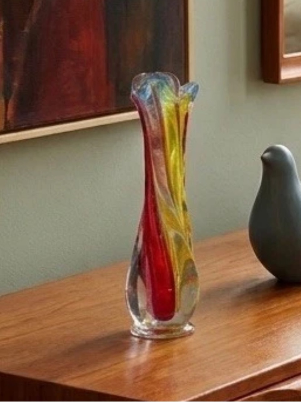 Vtg Murano Style Red Yellow Clear Swirl Art Glass Vase Retro Decor MCM